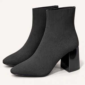 Zara Women 6.5 Black Ribbed Knit Sock Ankle Boots Square Toe Block Heel NWT